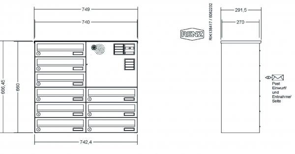 RENZ Briefkastenanlage, Aufputz, Classic Basic B, Edelstahl V4A, Kastenformat 370x110x270mm, mit Klingel - & Lichttaster und Vorbereitung Gegensprechanlage, 9-teilig